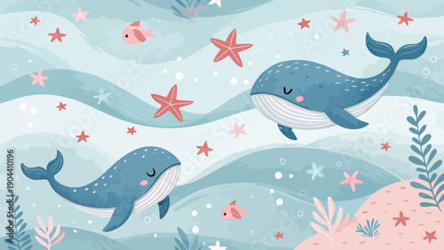 Whales swimming with starfish and seaweed in ocean waves seamless pattern vector