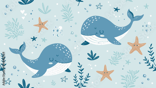 Whales and sea creatures on a seamless ocean background with starfish and seaweed for nursery designs