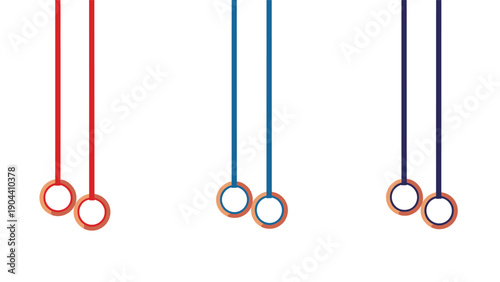Gymnastics rings in red, blue, and black hanging from ropes in a row, symbolizing fitness, strength, and olympic sports training.