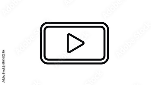 Minimalist black outline of a digital video player frame with a central play button symbol isolated on a plain white background.