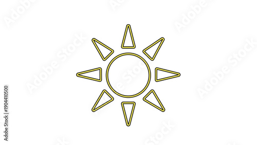 Yellow sun icon with sharp rays in a simple line art style on a white background for weather forecasting or summer themes.