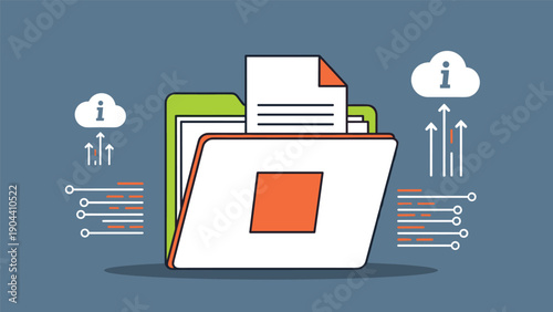 Open office folder containing documents with cloud information icons and data transfer arrows representing digital file management.