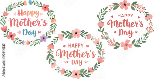 Three happy mothers day floral greeting cards or stickers with pink flowers and green leaves