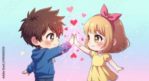 Cute anime couple high five with hearts Valentine