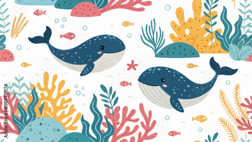 Colorful ocean seamless pattern with cartoon whales coral and fish for kids' designs and playful backgrounds
