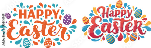 Colorful happy easter greeting cards with eggs and floral patterns for spring
