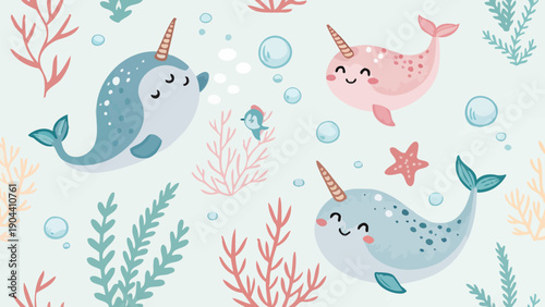 Adorable narwhal seamless pattern vector with smiling narwhals seaweed bubbles and starfish in pastel colors for kids' designs