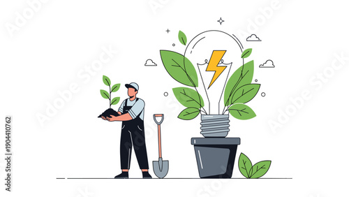 Gardener planting a small tree next to a giant light bulb with a lightning bolt symbol representing green energy and eco innovation.