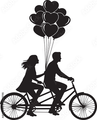 Love on Wheels: A silhouette captures a couple on a tandem bike, floating with heart-shaped balloons, symbolizing love and companionship on a joyful journey. 
