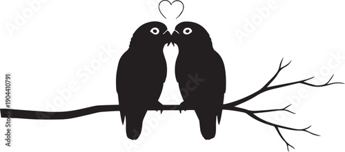 Lovebirds in silhouette: Two lovebirds sit on branch, their silhouettes forming a delicate embrace under a heart. a minimalist, modern, elegant design.