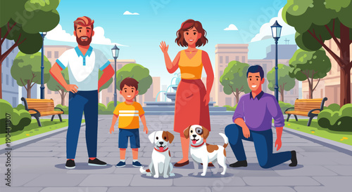 Happy family with pets illustration in park vector with trees and buildings in background
