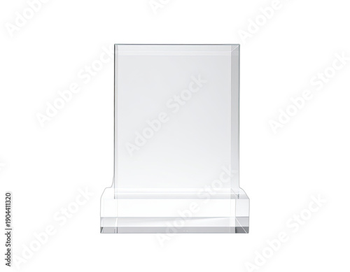 A clear, empty acrylic or crystal plaque awards base against a black background.