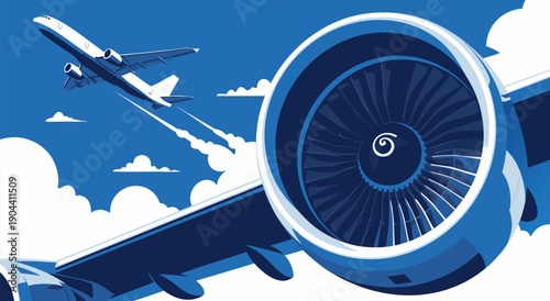 Commercial Airplane Engine and Aircraft in Flight Vector Illustration