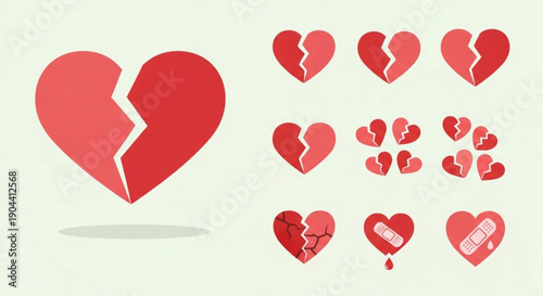 Collection of broken heart symbols in various sizes and styles on a plain background