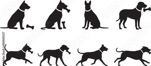 Black dog silhouettes in various poses with bone isolated on white background