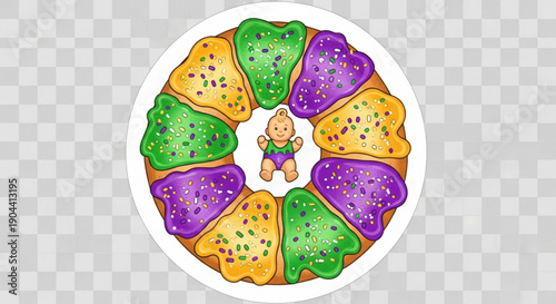 Colorful king cake with hidden baby figurine vibrant purple green and yellow icing and sprinkles on a transparent background