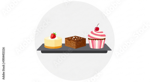 Variety of sweet desserts on a tray including cheesecake brownie and cupcake with cherry toppings