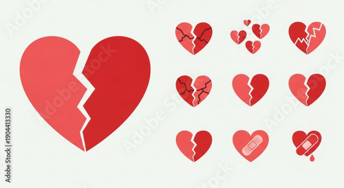 Broken hearts collection cracked and damaged love symbols various sizes and styles isolated on a light background