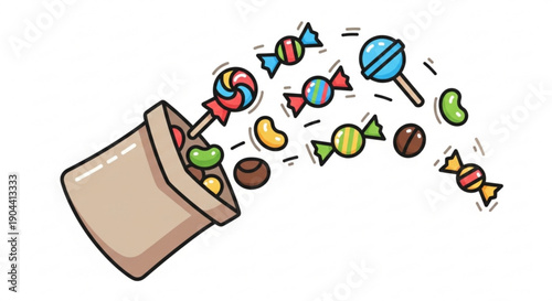 Colorful candies spilling from a paper bag assorted sweets and treats flying through the air