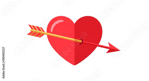 Red heart pierced by arrow symbolizing love and passion on white background