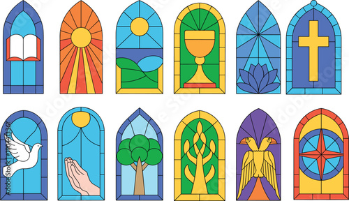 Colorful stained glass window set with religious and spiritual symbols including cross, dove, chalice, praying hands, lotus flower, sun rays, tree, and compass rose illustration.