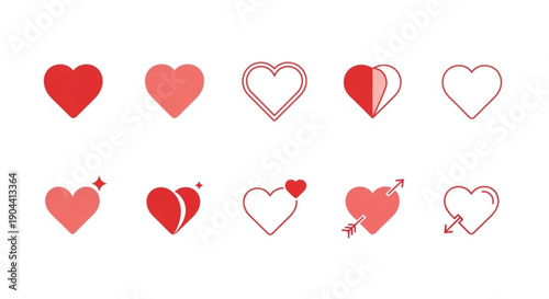 Collection of various red and pink heart shapes and symbols for love and love related concepts on a white background