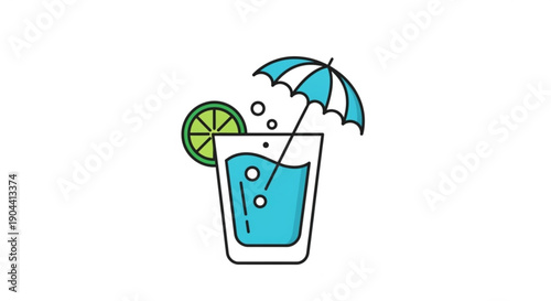 Refreshing blue cocktail with lime and umbrella in a glass on white background for summer vacation
