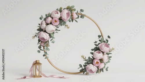 Elegant floral wreath with pink roses and decorative gold accents on a white surface