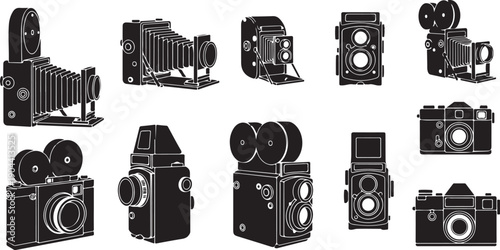 Collection of vintage and modern cameras flat design vector illustration set isolated on white background