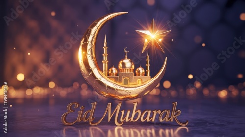 Celebrating the festive lights and joy of eid al-mubarak with a crescent moon and mosque silhouette