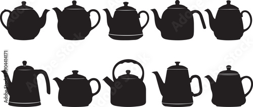Set of black tea kettles and pots vector illustration, minimalist kitchenware collection flat design, scalable graphic for commercial use