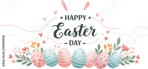 Happy easter day greeting with colorful eggs and floral arrangement on white background