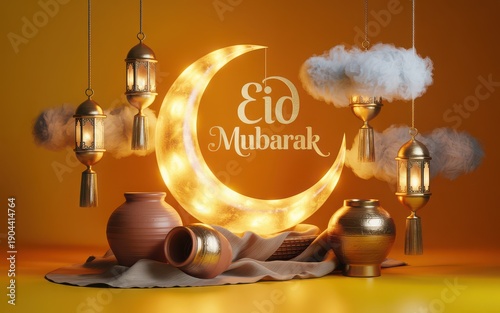Celebratory eid mubarak display with lanterns, moon, and festive decorations