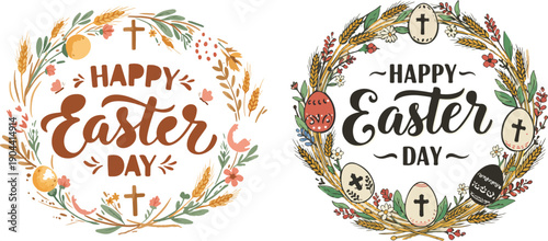 Happy easter day greeting cards with floral wreaths and crosses