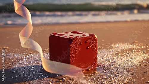 Treasure Chest on Beach with Ribbon.