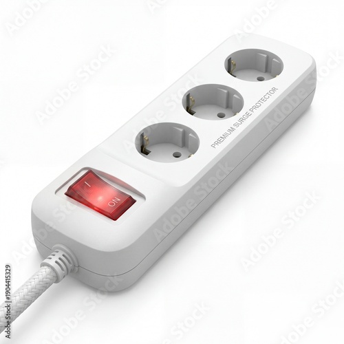 White surge protector power strip with 4 outlets isolated on white.