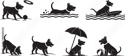Set of black dog silhouettes in various playful poses and activities