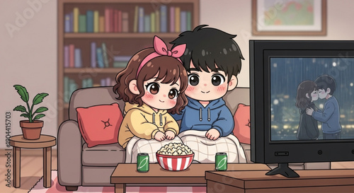 Anime couple watching romantic movie on sofa