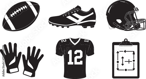American football equipment and uniform isolated on white background