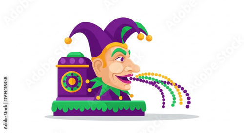 Mardi gras jester head with beads coming out colorful purple green and gold party decoration