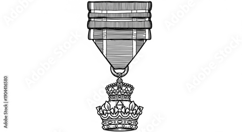 Detailed black and white illustration of a medal featuring a crown jewel pendant hanging from a ribbon on a clean white background
