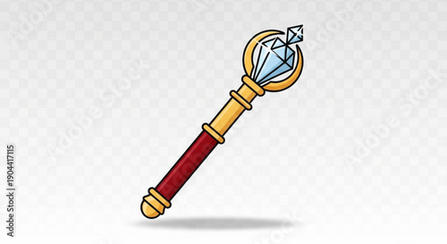 Colorful illustration of a magic wand with a large diamond on a transparent background symbolizing power and fantasy