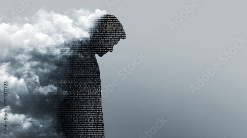 Wallpaper Mural Weigheddown silhouette sinking into cloud, dense code and heavy pixels pulling figure inward, mood of exhaustion and overload, developer experiencing information fatigue and urgent need for rest. Torontodigital.ca