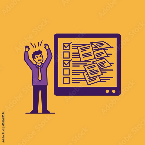 Frustrated man with raised arms beside a cluttered digital checklist and documents.