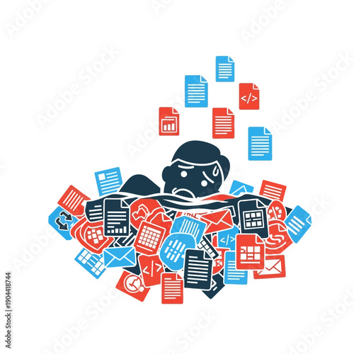 Person overwhelmed by a large pile of scattered documents and digital files.