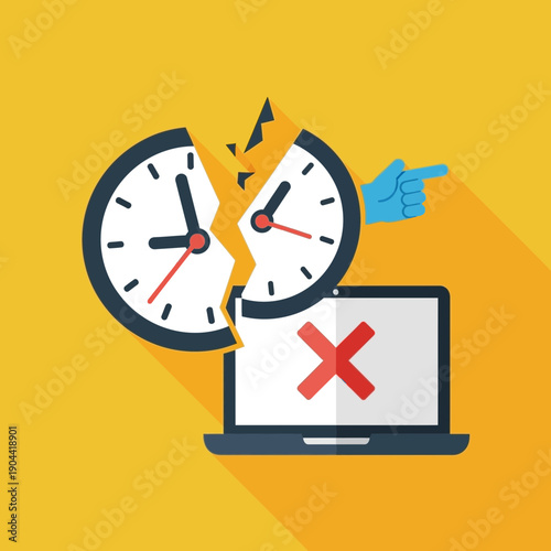 Broken clock with a pointing hand and a laptop displaying a red cross.