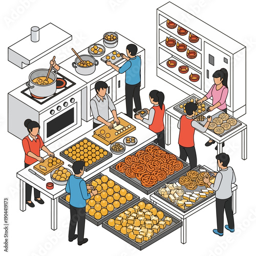Group of people preparing food together in a kitchen.