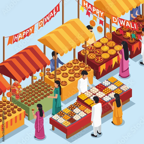 Vibrant Diwali Market Scene with Traditional Sweets and Decorations.