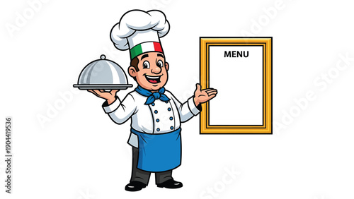 A cheerful cartoon chef presents a covered silver platter displaying a welcoming gesture and culinary expertise high quality professional detailed modern elegant stylish clean crisp vibrant