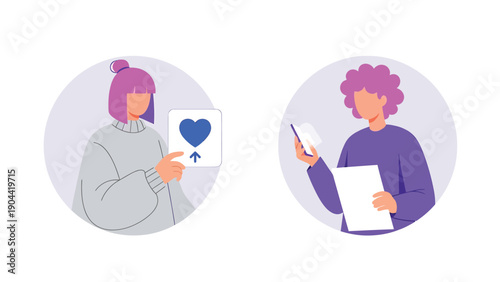 A digital illustration depicts a woman with purple hair holding a tablet displaying a blue heart with an upward arrow high quality professional detailed modern elegant